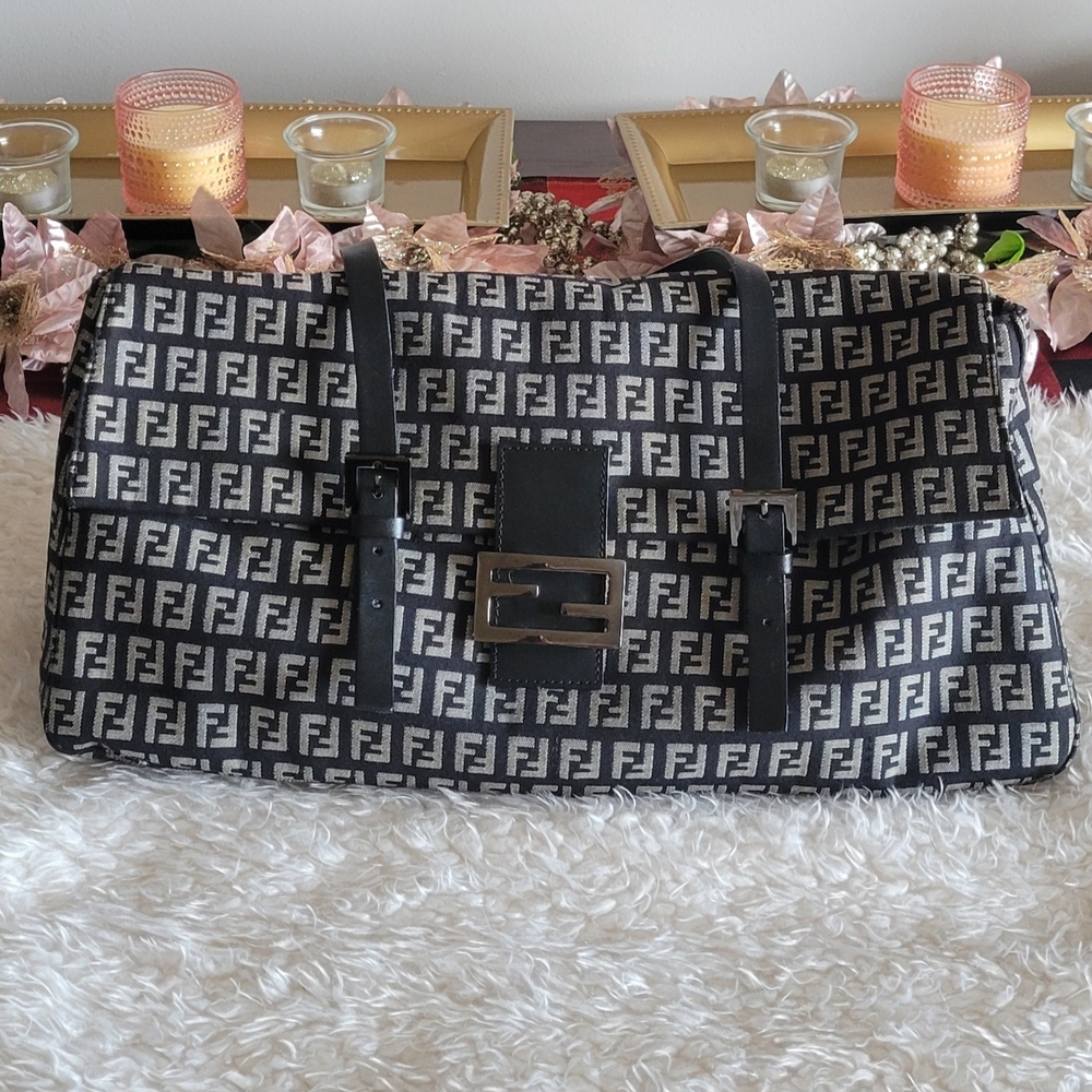 LIMITED-TIME OFFER Fendi Zucchino Black and Gray Medium Flap Shoulder Bag